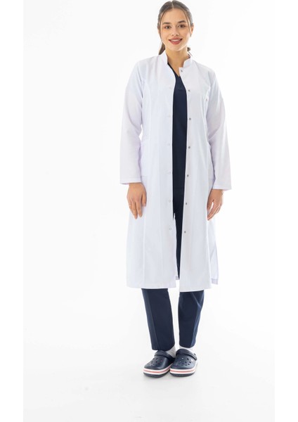 Hakim Yaka Maxi Boy Kadın Doktor Önlüğü Alpaka Kumaş Beyaz (BKO004)