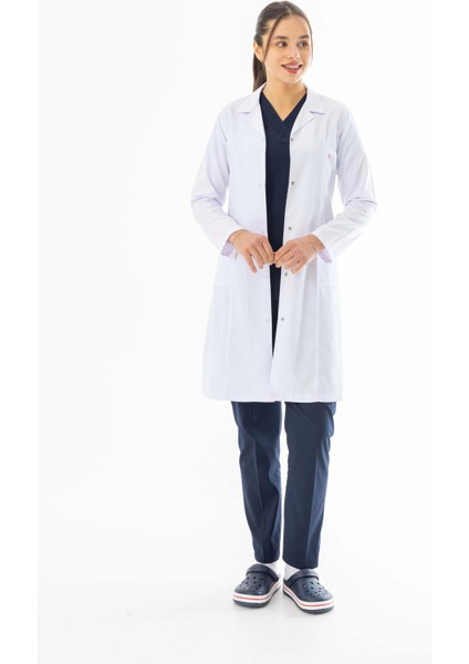 Spor Yaka Uzun Boy Kadın Doktor Önlüğü Alpaka Kumaş Beyaz (BKO007) fiyatları