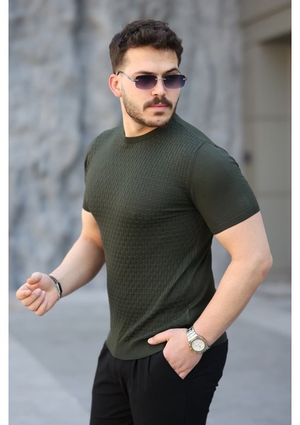 Erkek Viskon Kumaş Bisiklet Yaka Desenli Tişört