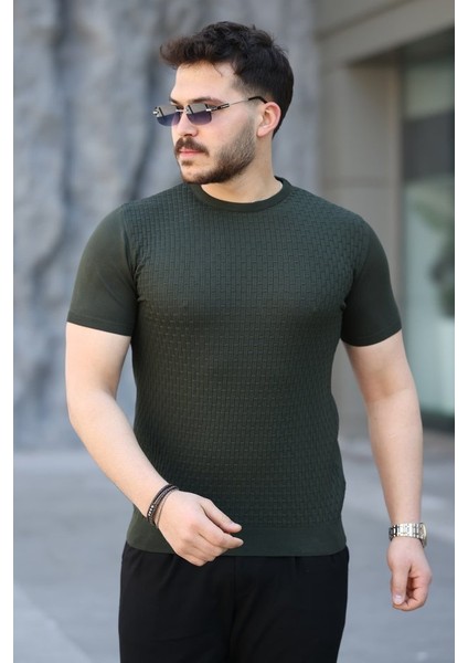 Erkek Viskon Kumaş Bisiklet Yaka Desenli Tişört