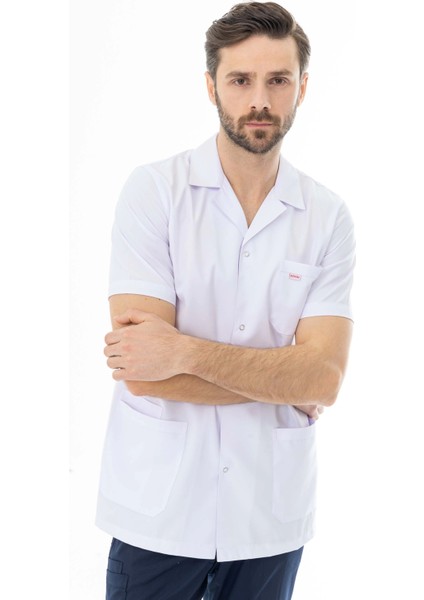 Spor Yaka Kısa Kol Erkek Doktor Önlüğü Alpaka Kumaş Beyaz (BEO106)