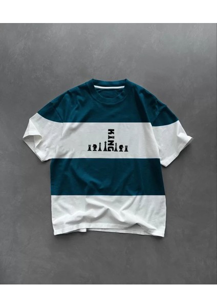 Unisex Bisiklet Yaka Baskılı Parçalı Oversize T-Shirt - Lacivert
