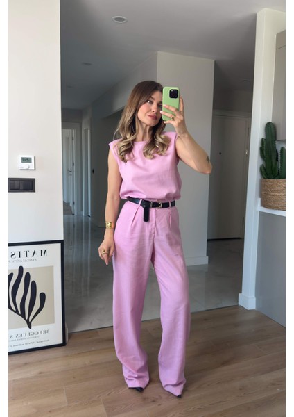Pembe Vatkalı Kolsuz Keten Bluz Pantolon Takım
