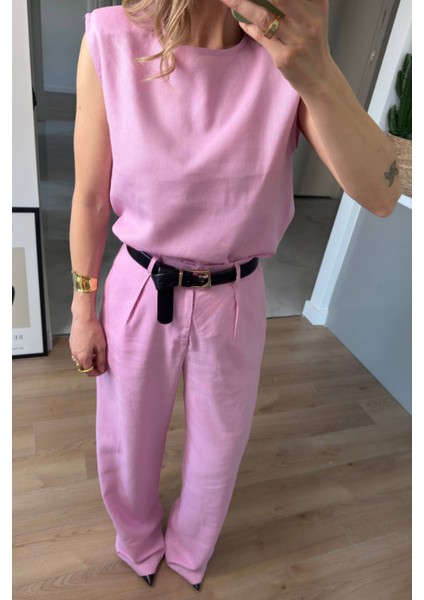 Pembe Vatkalı Kolsuz Keten Bluz Pantolon Takım fiyatları