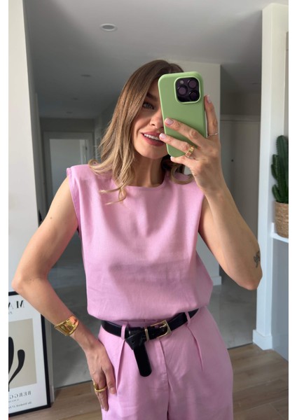 Pembe Vatkalı Kolsuz Keten Bluz Pantolon Takım modelleri