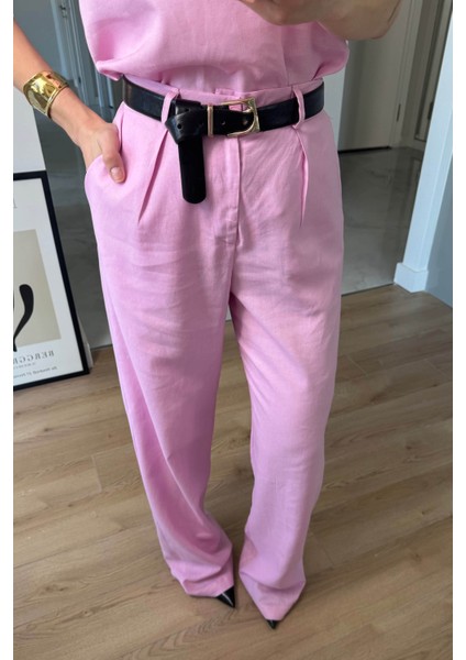 Pembe Vatkalı Kolsuz Keten Bluz Pantolon Takım fırsatları