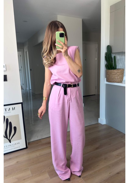 Pembe Vatkalı Kolsuz Keten Bluz Pantolon Takım indirimleri