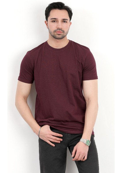 Erkek Bisiklet Yaka Basic %100 Pamuklu T-Shirt Bordo - 25Y 2735