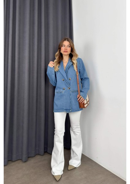 Mavi Kruvaze Yaka Düğmeli Oversize Kot Ceket fiyatları