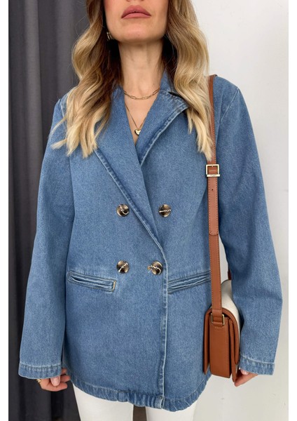 Mavi Kruvaze Yaka Düğmeli Oversize Kot Ceket modelleri