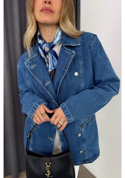 Mavi Asimetrik Kesim Düğmeli Kot Ceket