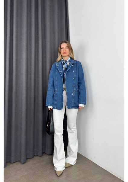 Mavi Asimetrik Kesim Düğmeli Kot Ceket fiyatları