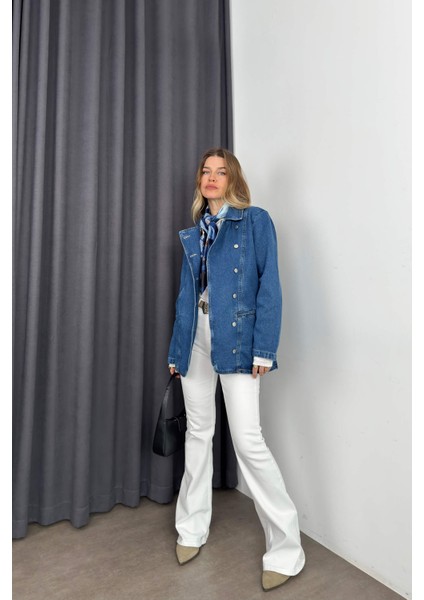 Mavi Asimetrik Kesim Düğmeli Kot Ceket modelleri