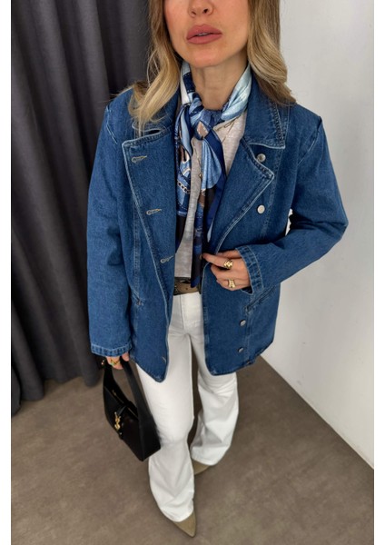 Mavi Asimetrik Kesim Düğmeli Kot Ceket fırsatları