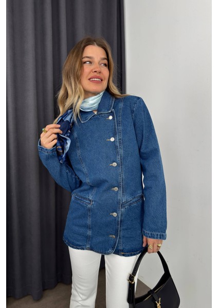 Mavi Asimetrik Kesim Düğmeli Kot Ceket indirimleri