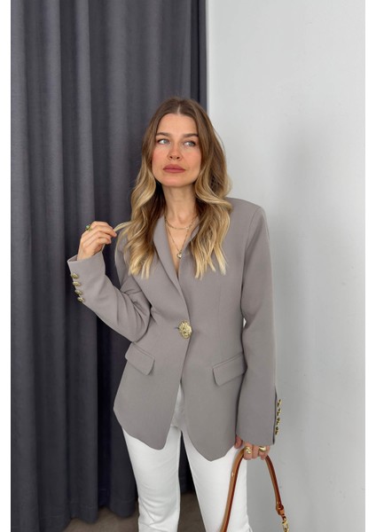 Gri Gold Rose Düğme Detaylı Hakim Yaka Blazer Ceket