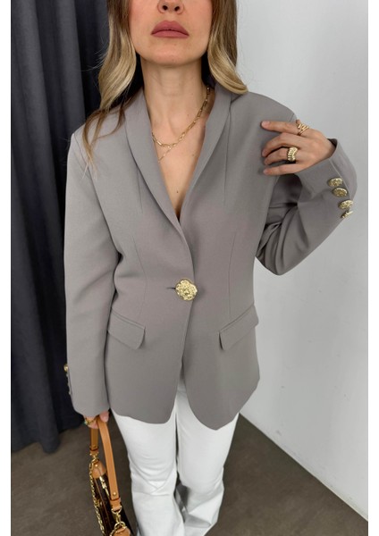 Gri Gold Rose Düğme Detaylı Hakim Yaka Blazer Ceket fırsatları