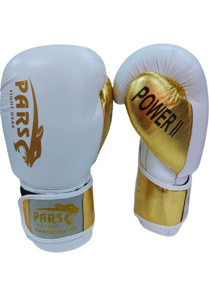 Power2 Hakiki Deri Boks Eldiveni Beyaz-Gold Yüksek Darbe Emici Özelliklerle Antrenman İçin