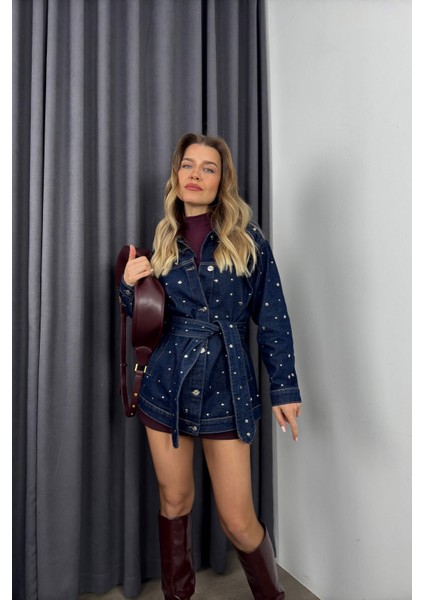 Lacivert Taş Detaylı Kemerli Denim Ceket