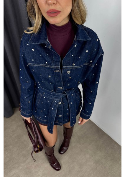 Lacivert Taş Detaylı Kemerli Denim Ceket fiyatları