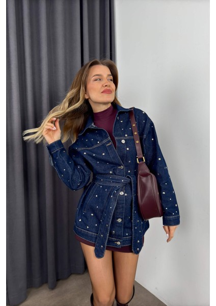 Lacivert Taş Detaylı Kemerli Denim Ceket modelleri