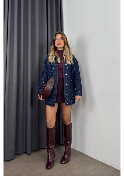 Lacivert Taş Detaylı Kemerli Denim Ceket indirimleri