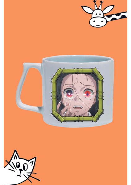 Nezuko Kamado Karakter Anime Demon Slayer Tasarım Baskılı Beyaz Lüks Sap Kupa Bardak