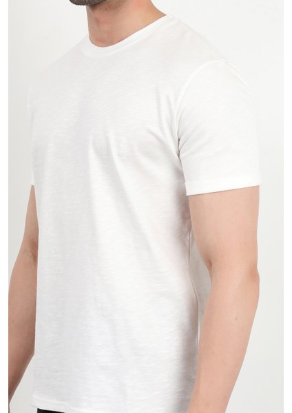 Erkek Bisiklet Yaka Basic %100 Pamuklu T-Shirt Ekru - 25Y 2735