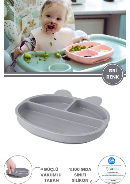 3 Gözlü Silikon Mama Tabağı, Vakum Tabanlı Bebek Çocuk Porsiyon Tabak Gıda Sertifikalı