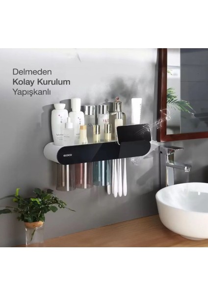 Yapışkanlı Manyetik 3'Lü Bardak Tutuculu Diş Macunu Sıkacağı Ve Tutacağı Banyo Düzenleyeci Siyah