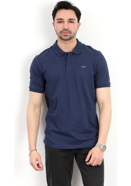 Erkek Polo Yaka Marka Baskılı Pamuklu T-Shirt Lacivert - 25Y 2061