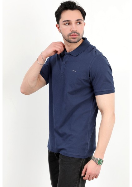 Erkek Polo Yaka Marka Baskılı Pamuklu T-Shirt Lacivert - 25Y 2061 modelleri