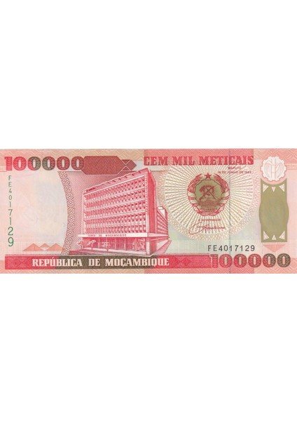 Mozambik, 100.000 Meticais (1993) Çil Eski Yabancı Kağıt Para