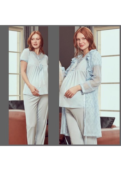 4903 Mavi Hamile Lohusa 3 Lü Şifon Detaylı Pijama Sabahlık fiyatları