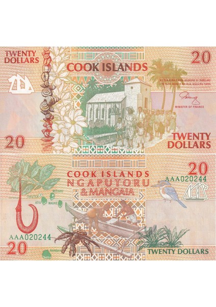 Cook Adaları, 20 Dolar (1992) P#9 Çil Eski Yabancı Kağıt Para