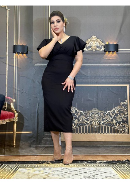 Elbise Abiye V Yaka Diz Altı Krep Kumaş Kolyeli Siyah Yüksek Kalite
