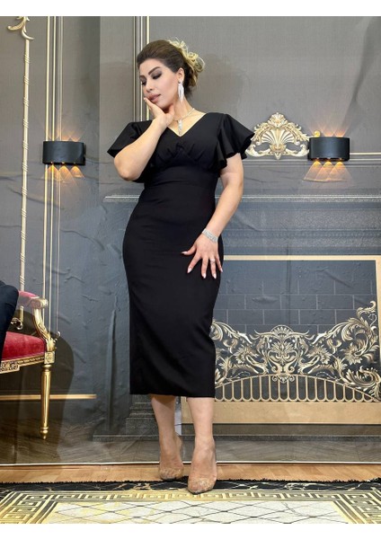 Elbise Abiye V Yaka Diz Altı Krep Kumaş Kolyeli Siyah Yüksek Kalite fiyatları