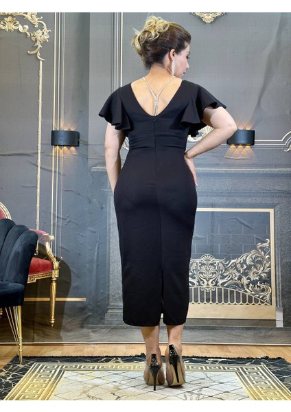 Elbise Abiye V Yaka Diz Altı Krep Kumaş Kolyeli Siyah Yüksek Kalite fırsatları