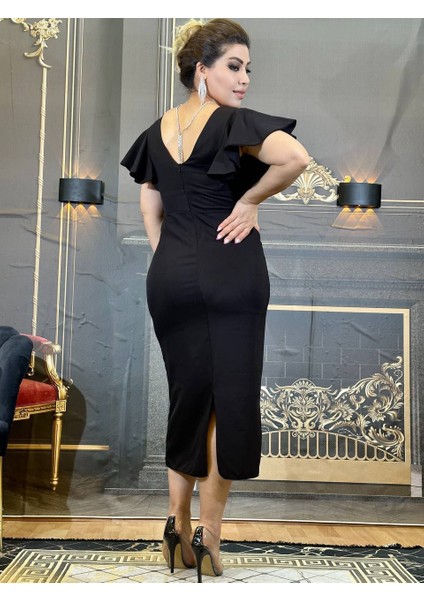 Elbise Abiye V Yaka Diz Altı Krep Kumaş Kolyeli Siyah Yüksek Kalite indirimleri
