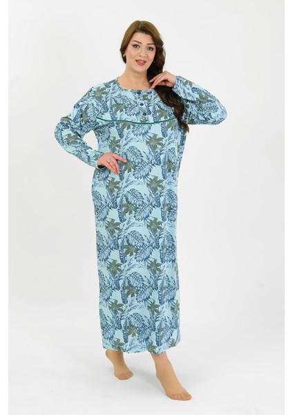 Kadın Büyük Beden Uzun Kol Mavi Anne Gecelik 1378 modelleri