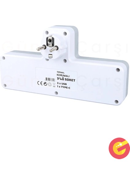 Termal Akım, Çocuk Korumalı 3'lü Duvar T Priz 3xusb 1xtype-C 20W, Isıya Dayanıklı Topraklı Üçlü Priz