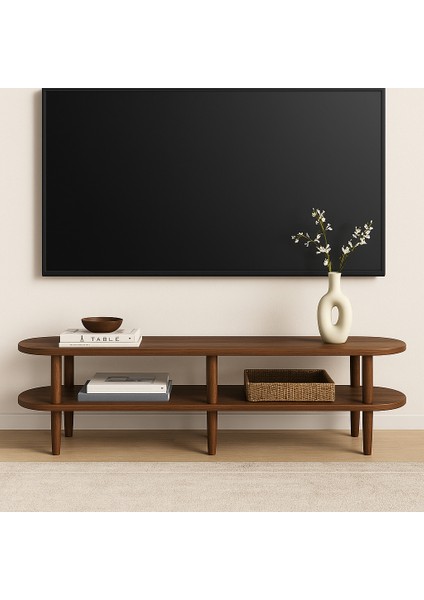 Kayın Masif Ahşap Oval Tv Ünitesi -160 x 38 cm – Modern 2 Katlı Raflı Tasarım Masif Tv Ünitesi