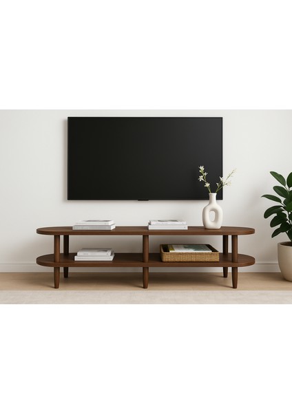 Kayın Masif Ahşap Oval Tv Ünitesi -160 x 38 cm – Modern 2 Katlı Raflı Tasarım Masif Tv Ünitesi modelleri
