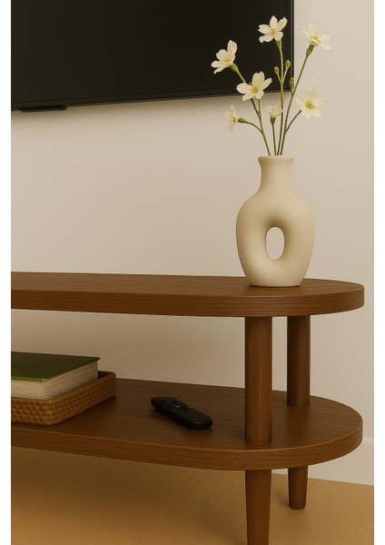 Kayın Masif Ahşap Oval Tv Ünitesi -160 x 38 cm – Modern 2 Katlı Raflı Tasarım Masif Tv Ünitesi indirimleri
