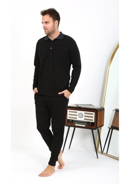 Erkek Polo Yaka Uzun Kol Penye Pijama Takımı Siyah 6864