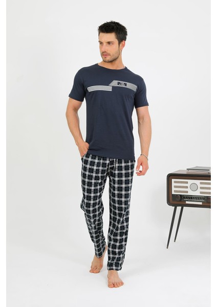 Erkek Pamuk Kısa Kol Pijama Takım Lacivert 6875