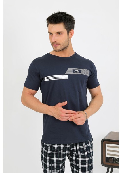 Erkek Pamuk Kısa Kol Pijama Takım Lacivert 6875