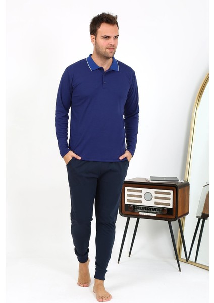 Erkek Polo Yaka Uzun Kol Penye Pijama Takımı Lacivert 6865