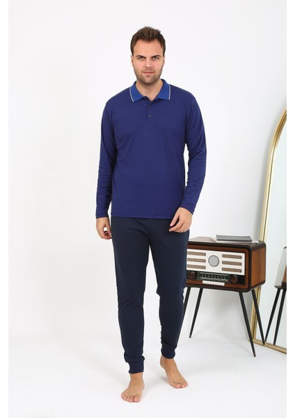 Erkek Polo Yaka Uzun Kol Penye Pijama Takımı Lacivert 6865