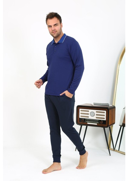 Erkek Polo Yaka Uzun Kol Penye Pijama Takımı Lacivert 6865